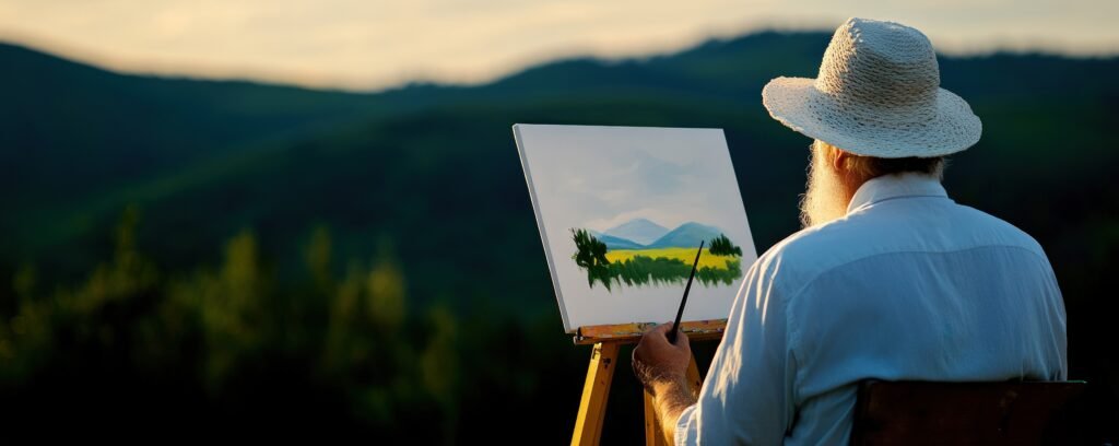 senior artist paints scenic mountain landscape at sunset